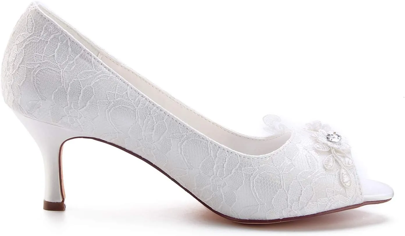 Emily Bridal Wedding Shoes Women's Silk Like Satin Stiletto Heel Closed Toe Pumps with Stitching Lace Flower Crystal
