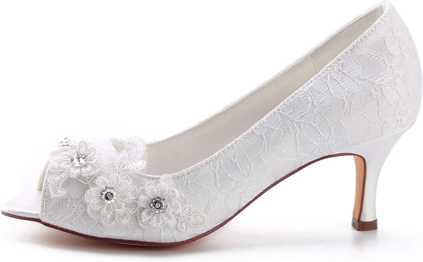 Emily Bridal Wedding Shoes Women's Silk Like Satin Stiletto Heel Closed Toe Pumps with Stitching Lace Flower Crystal