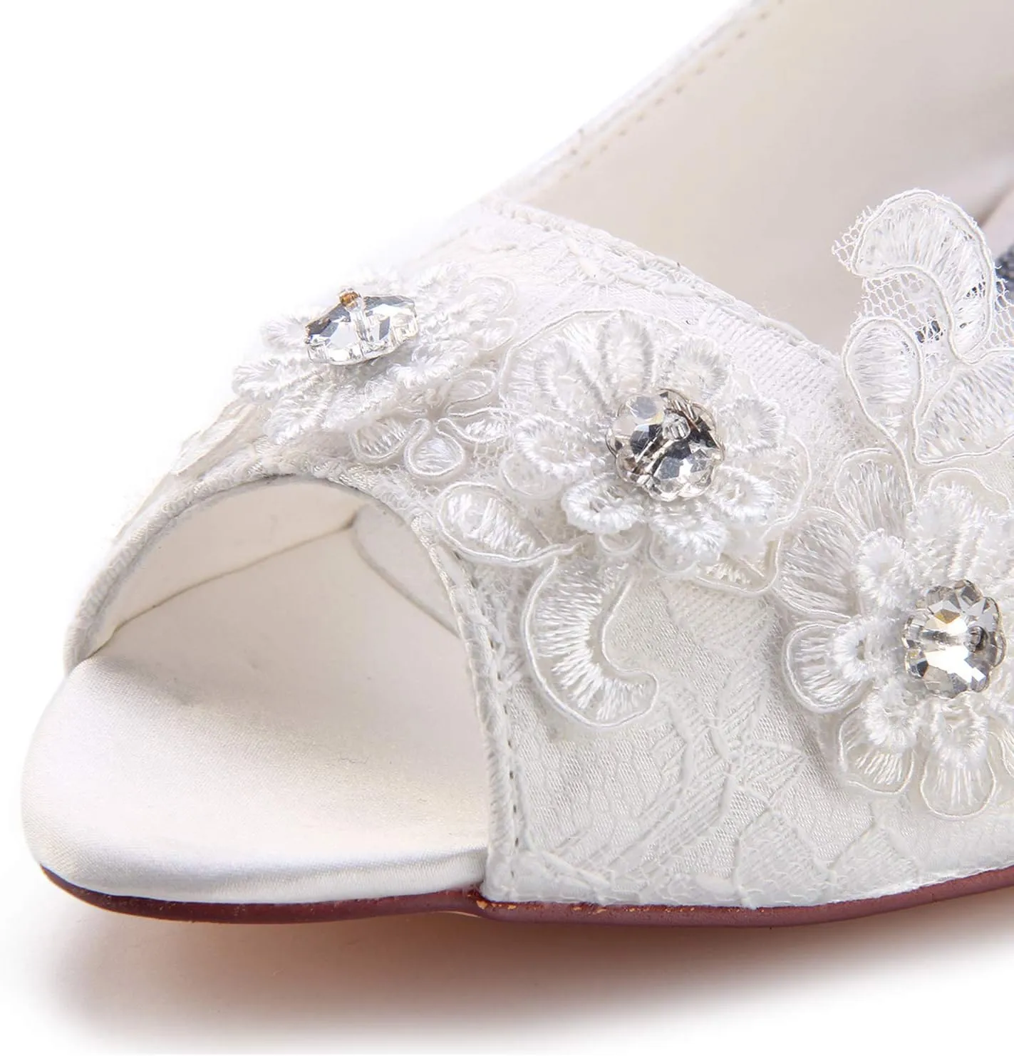Emily Bridal Wedding Shoes Women's Silk Like Satin Stiletto Heel Closed Toe Pumps with Stitching Lace Flower Crystal
