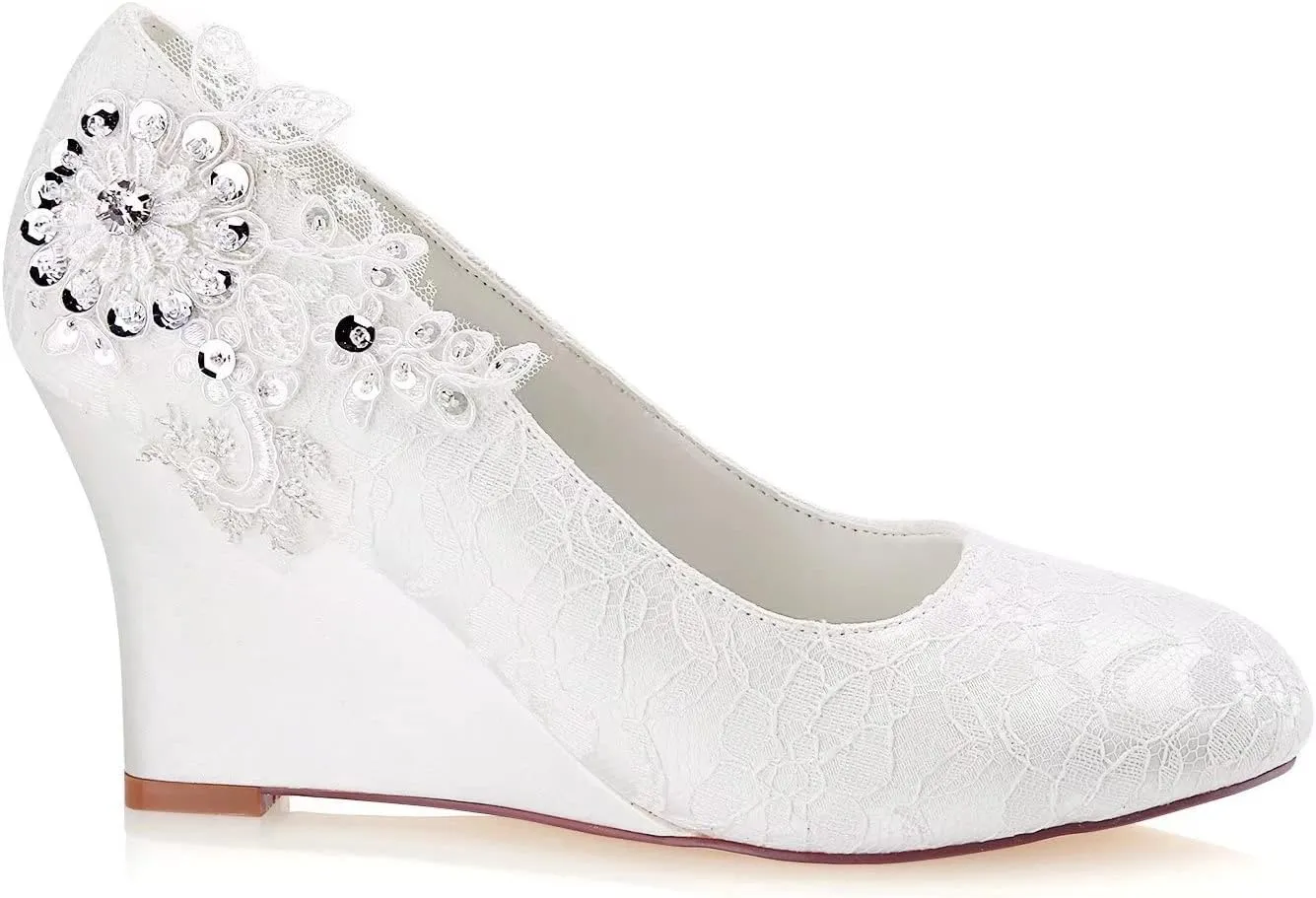 Emily Bridal Women's Silk Like Satin Wedge Heel Wedges with Crystal
