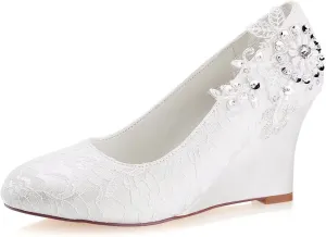 Emily Bridal Women's Silk Like Satin Wedge Heel Wedges with Crystal
