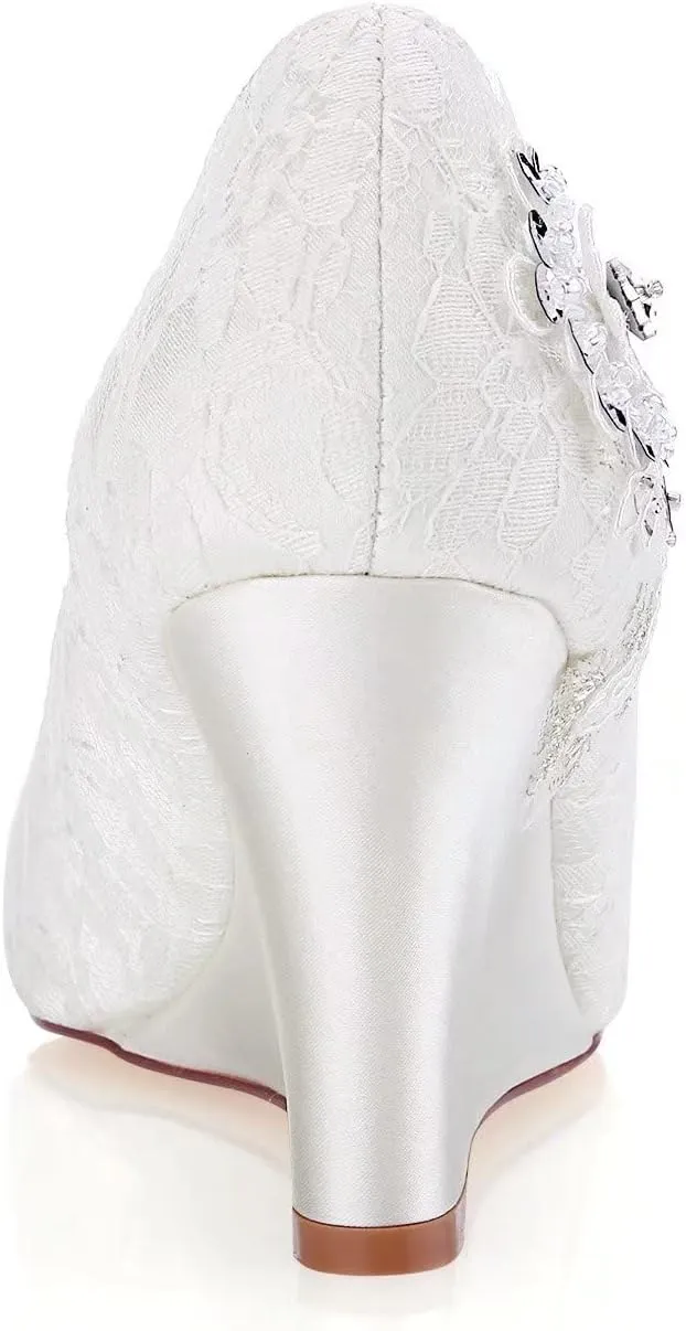 Emily Bridal Women's Silk Like Satin Wedge Heel Wedges with Crystal