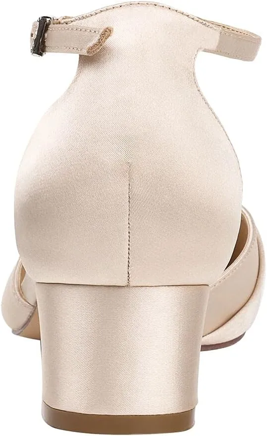 ERIJUNOR Bow Shoes Comfortable Chunky Low Heels for Women Pointy Toe T-Strap Evening Wedding Satin Shoes