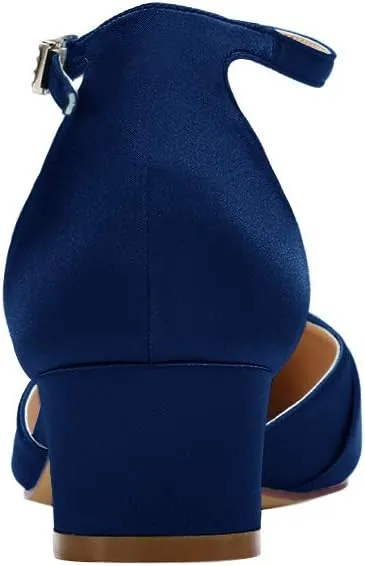 ERIJUNOR Bow Shoes Comfortable Chunky Low Heels for Women Pointy Toe T-Strap Evening Wedding Satin Shoes