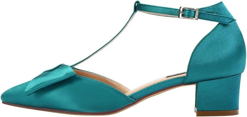 ERIJUNOR Bow Shoes Comfortable Chunky Low Heels for Women Pointy Toe T-Strap Evening Wedding Satin Shoes