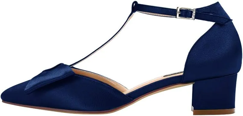 ERIJUNOR Bow Shoes Comfortable Chunky Low Heels for Women Pointy Toe T-Strap Evening Wedding Satin Shoes