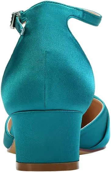 ERIJUNOR Bow Shoes Comfortable Chunky Low Heels for Women Pointy Toe T-Strap Evening Wedding Satin Shoes