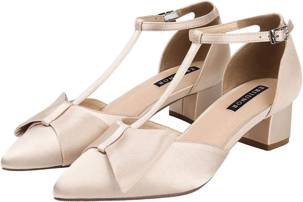 ERIJUNOR Bow Shoes Comfortable Chunky Low Heels for Women Pointy Toe T-Strap Evening Wedding Satin Shoes