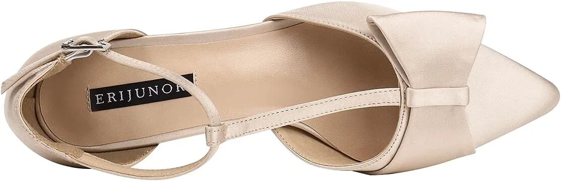 ERIJUNOR Bow Shoes Comfortable Chunky Low Heels for Women Pointy Toe T-Strap Evening Wedding Satin Shoes