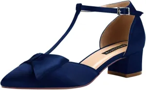 ERIJUNOR Bow Shoes Comfortable Chunky Low Heels for Women Pointy Toe T-Strap Evening Wedding Satin Shoes