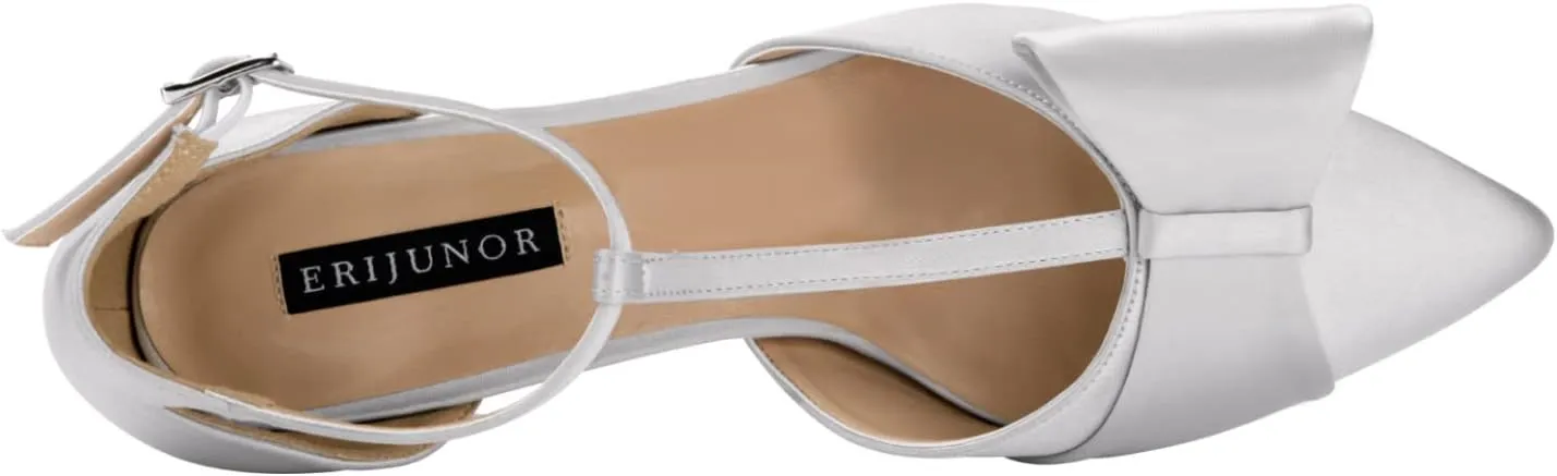 ERIJUNOR Bow Shoes Comfortable Chunky Low Heels for Women Pointy Toe T-Strap Evening Wedding Satin Shoes