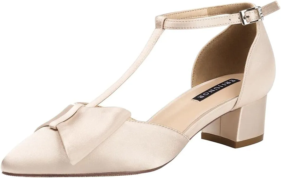 ERIJUNOR Bow Shoes Comfortable Chunky Low Heels for Women Pointy Toe T-Strap Evening Wedding Satin Shoes