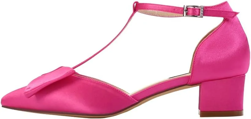 ERIJUNOR Bow Shoes Comfortable Chunky Low Heels for Women Pointy Toe T-Strap Evening Wedding Satin Shoes