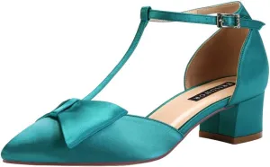 ERIJUNOR Bow Shoes Comfortable Chunky Low Heels for Women Pointy Toe T-Strap Evening Wedding Satin Shoes