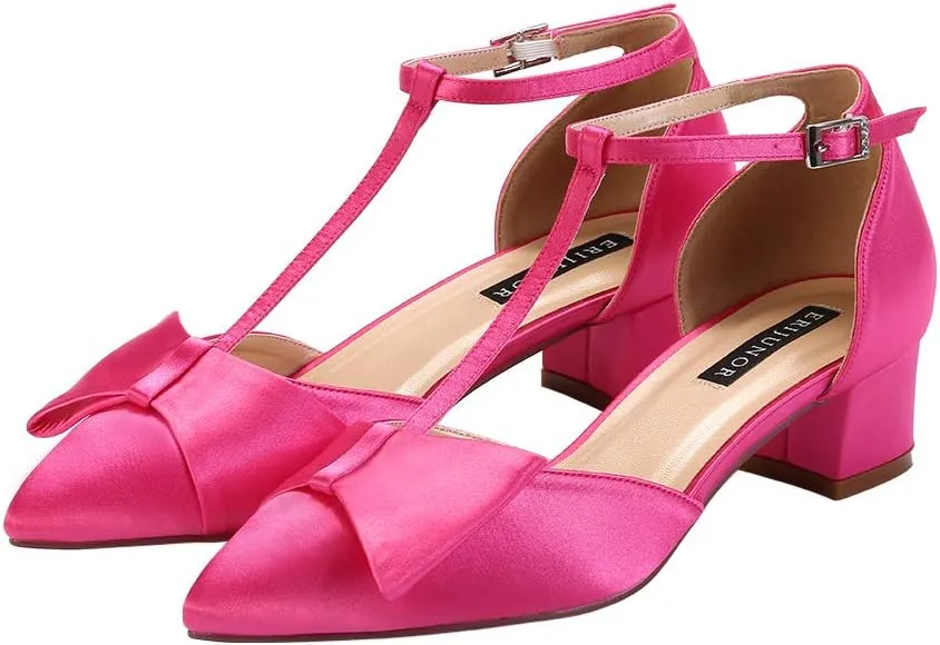 ERIJUNOR Bow Shoes Comfortable Chunky Low Heels for Women Pointy Toe T-Strap Evening Wedding Satin Shoes