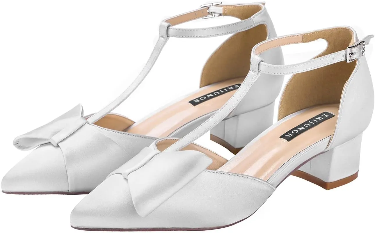 ERIJUNOR Bow Shoes Comfortable Chunky Low Heels for Women Pointy Toe T-Strap Evening Wedding Satin Shoes