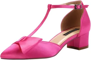 ERIJUNOR Bow Shoes Comfortable Chunky Low Heels for Women Pointy Toe T-Strap Evening Wedding Satin Shoes