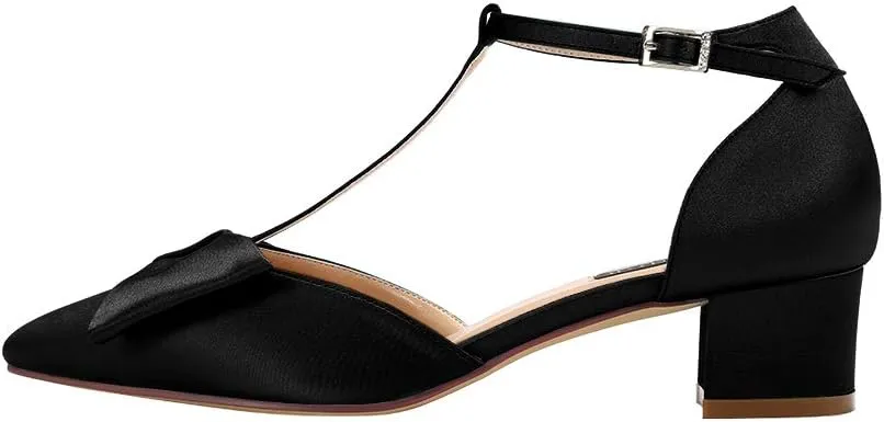 ERIJUNOR Bow Shoes Comfortable Chunky Low Heels for Women Pointy Toe T-Strap Evening Wedding Satin Shoes