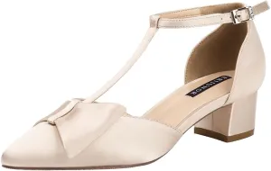 ERIJUNOR Bow Shoes Comfortable Chunky Low Heels for Women Pointy Toe T-Strap Evening Wedding Satin Shoes