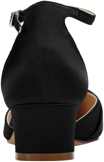 ERIJUNOR Bow Shoes Comfortable Chunky Low Heels for Women Pointy Toe T-Strap Evening Wedding Satin Shoes