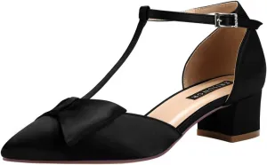 ERIJUNOR Bow Shoes Comfortable Chunky Low Heels for Women Pointy Toe T-Strap Evening Wedding Satin Shoes