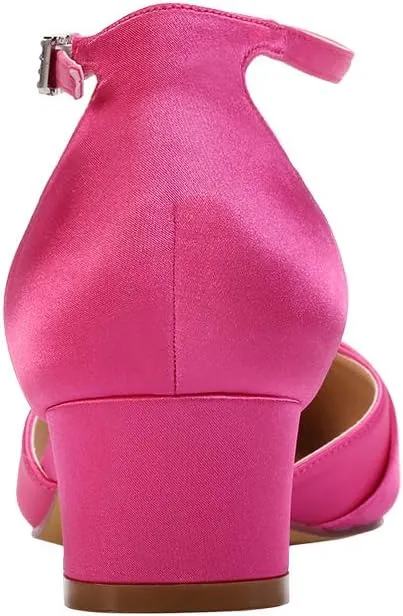 ERIJUNOR Bow Shoes Comfortable Chunky Low Heels for Women Pointy Toe T-Strap Evening Wedding Satin Shoes