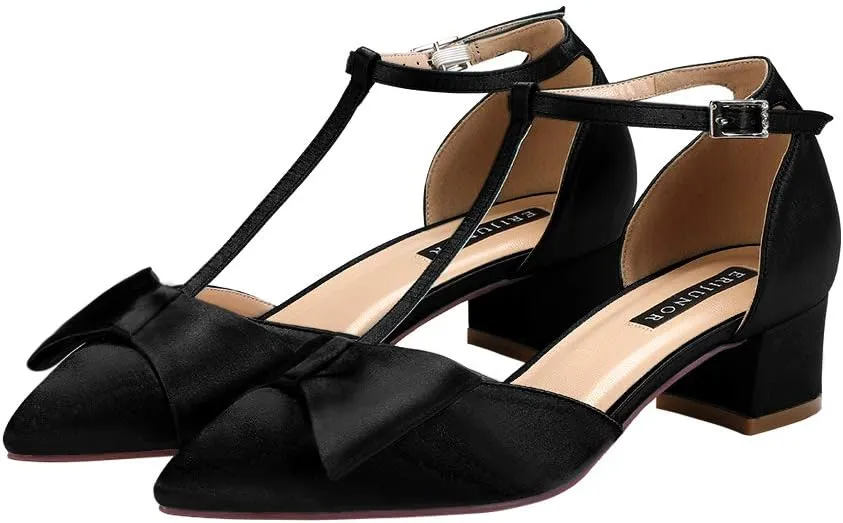 ERIJUNOR Bow Shoes Comfortable Chunky Low Heels for Women Pointy Toe T-Strap Evening Wedding Satin Shoes