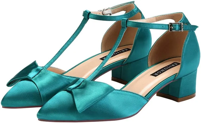 ERIJUNOR Bow Shoes Comfortable Chunky Low Heels for Women Pointy Toe T-Strap Evening Wedding Satin Shoes