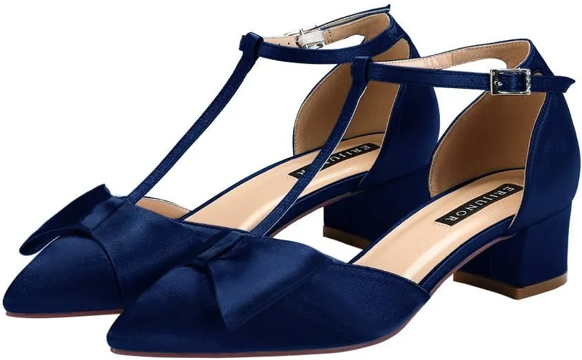 ERIJUNOR Bow Shoes Comfortable Chunky Low Heels for Women Pointy Toe T-Strap Evening Wedding Satin Shoes