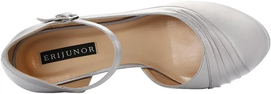 ERIJUNOR Kitten Heels for Women Comfortable Low Heel Closed Toe Satin Evening Dress Wedding Shoes with Ankle Strap