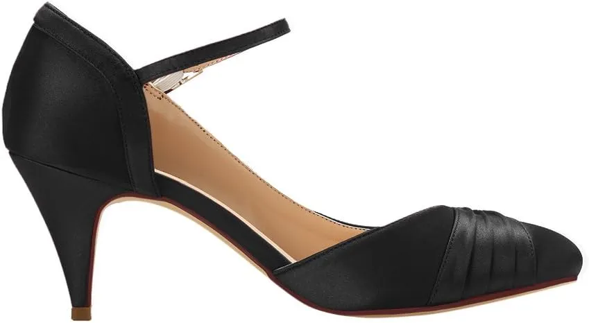 ERIJUNOR Kitten Heels for Women Comfortable Low Heel Closed Toe Satin Evening Dress Wedding Shoes with Ankle Strap