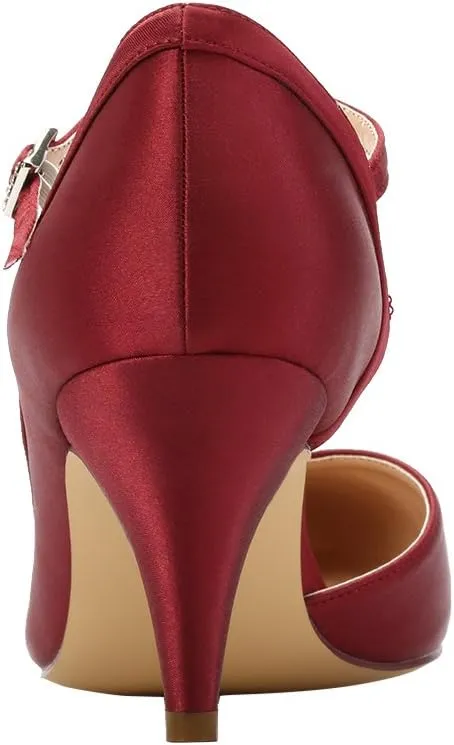ERIJUNOR Kitten Heels for Women Comfortable Low Heel Closed Toe Satin Evening Dress Wedding Shoes with Ankle Strap