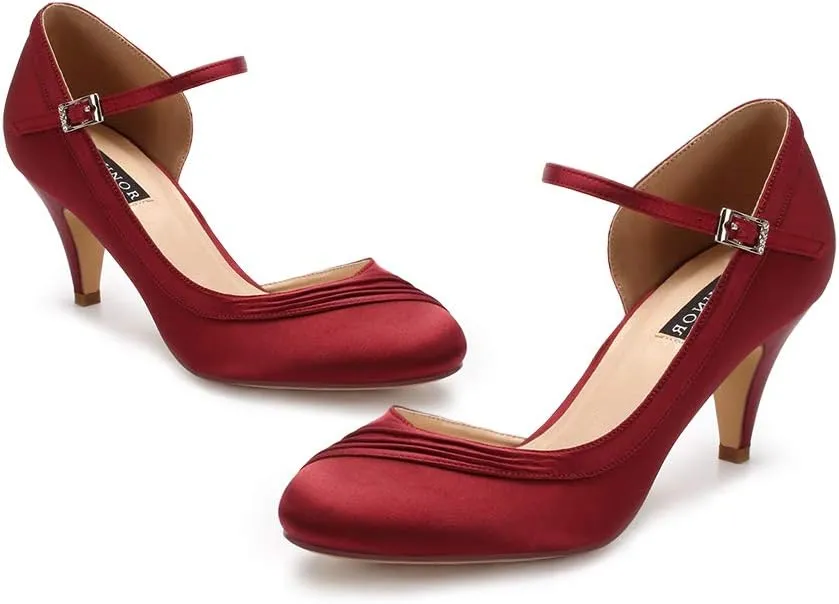 ERIJUNOR Kitten Heels for Women Comfortable Low Heel Closed Toe Satin Evening Dress Wedding Shoes with Ankle Strap