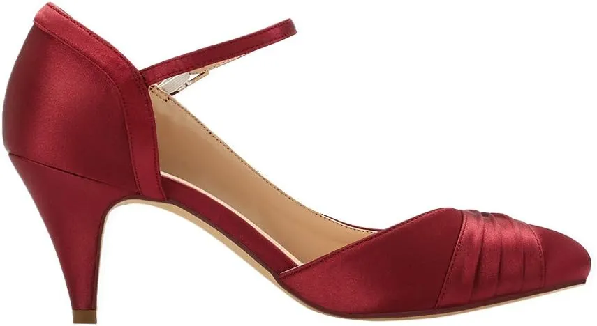 ERIJUNOR Kitten Heels for Women Comfortable Low Heel Closed Toe Satin Evening Dress Wedding Shoes with Ankle Strap