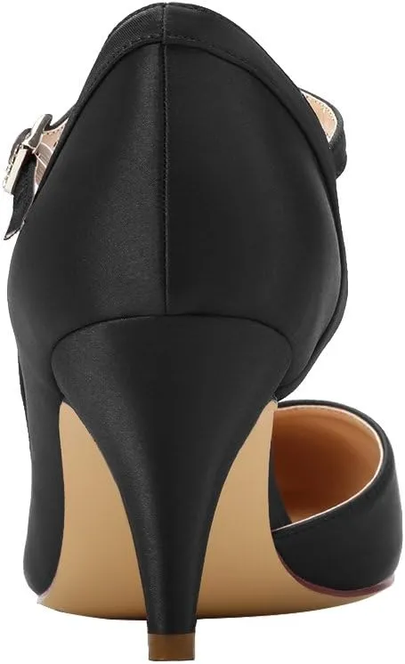 ERIJUNOR Kitten Heels for Women Comfortable Low Heel Closed Toe Satin Evening Dress Wedding Shoes with Ankle Strap