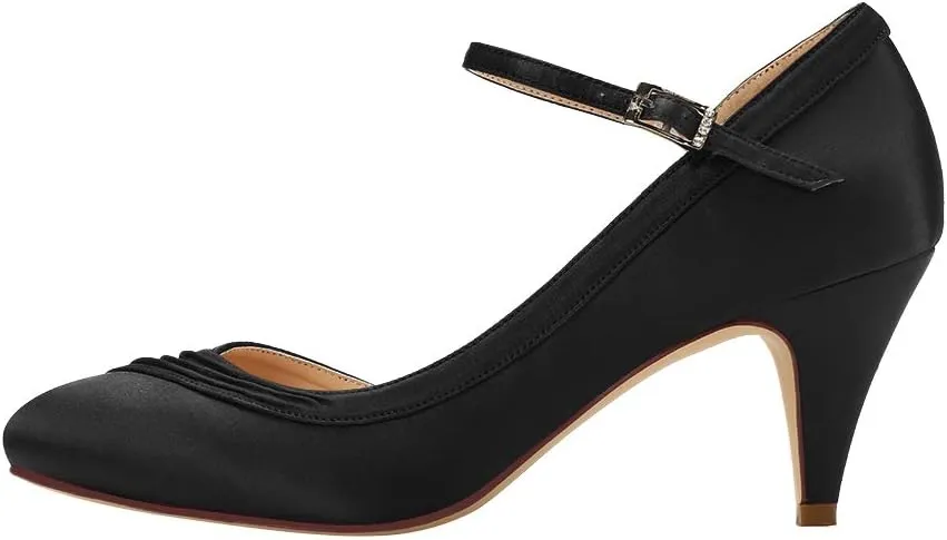 ERIJUNOR Kitten Heels for Women Comfortable Low Heel Closed Toe Satin Evening Dress Wedding Shoes with Ankle Strap