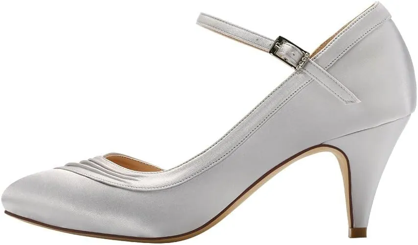 ERIJUNOR Kitten Heels for Women Comfortable Low Heel Closed Toe Satin Evening Dress Wedding Shoes with Ankle Strap