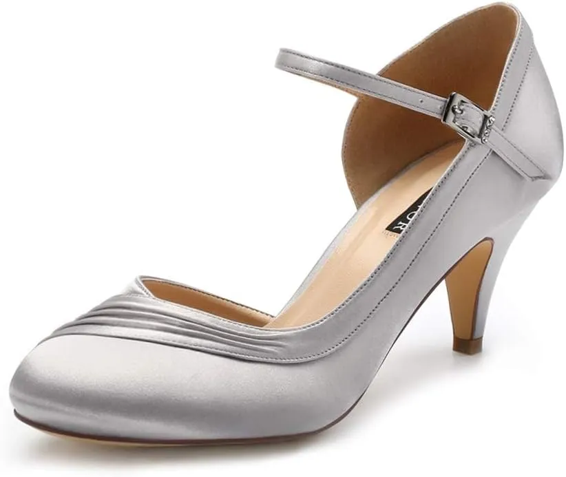 ERIJUNOR Kitten Heels for Women Comfortable Low Heel Closed Toe Satin Evening Dress Wedding Shoes with Ankle Strap