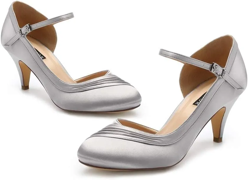 ERIJUNOR Kitten Heels for Women Comfortable Low Heel Closed Toe Satin Evening Dress Wedding Shoes with Ankle Strap