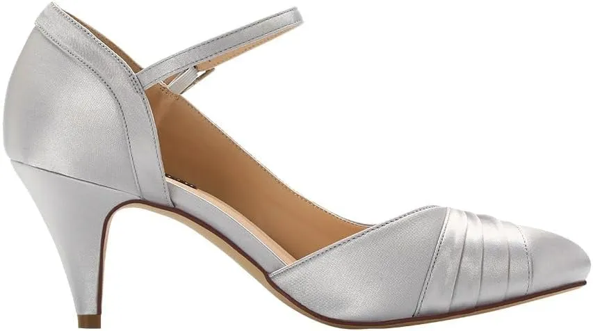 ERIJUNOR Kitten Heels for Women Comfortable Low Heel Closed Toe Satin Evening Dress Wedding Shoes with Ankle Strap