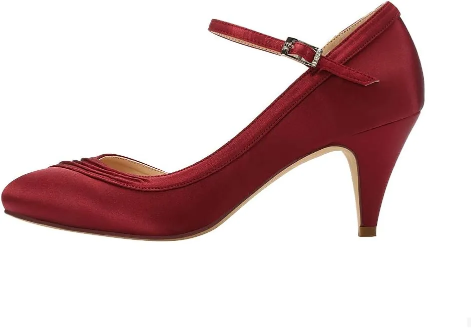 ERIJUNOR Kitten Heels for Women Comfortable Low Heel Closed Toe Satin Evening Dress Wedding Shoes with Ankle Strap