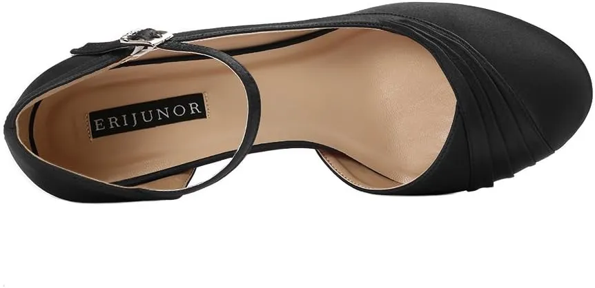 ERIJUNOR Kitten Heels for Women Comfortable Low Heel Closed Toe Satin Evening Dress Wedding Shoes with Ankle Strap
