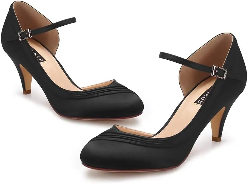 ERIJUNOR Kitten Heels for Women Comfortable Low Heel Closed Toe Satin Evening Dress Wedding Shoes with Ankle Strap