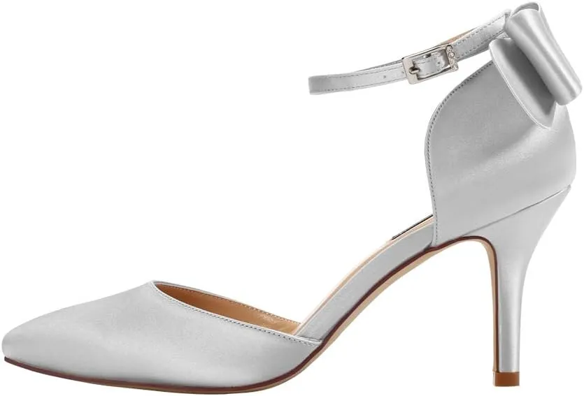 ERIJUNOR Wedding Evening Party Shoes Comfortable Mid Heels Pumps with Bow Knot Ankle Strap Wide Width Satin Shoes