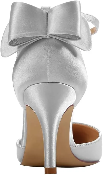 ERIJUNOR Wedding Evening Party Shoes Comfortable Mid Heels Pumps with Bow Knot Ankle Strap Wide Width Satin Shoes