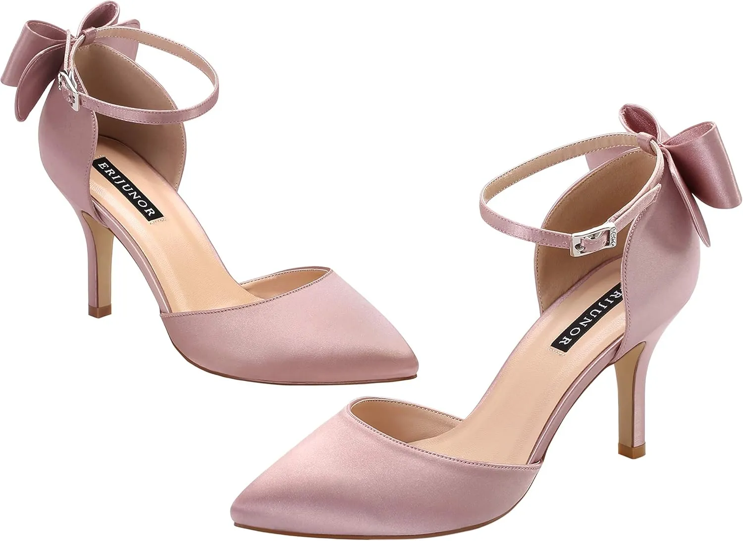 ERIJUNOR Wedding Evening Party Shoes Comfortable Mid Heels Pumps with Bow Knot Ankle Strap Wide Width Satin Shoes