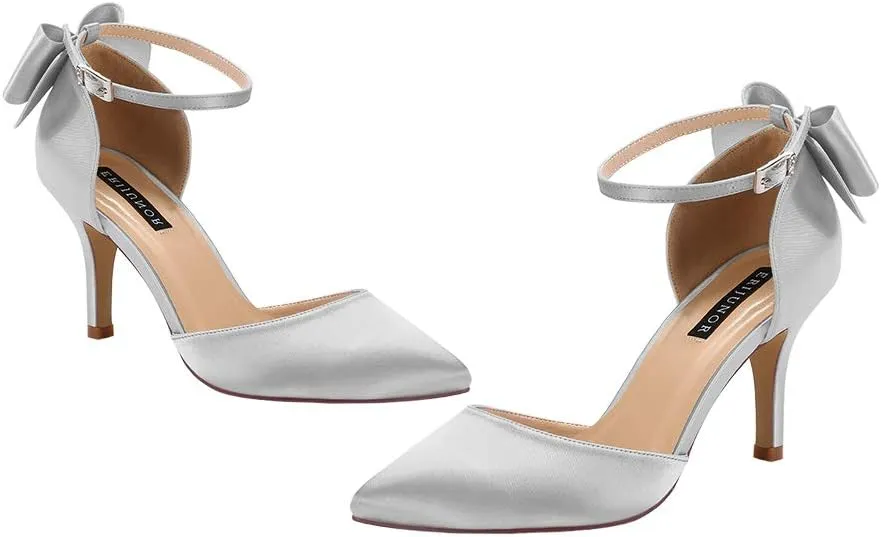 ERIJUNOR Wedding Evening Party Shoes Comfortable Mid Heels Pumps with Bow Knot Ankle Strap Wide Width Satin Shoes