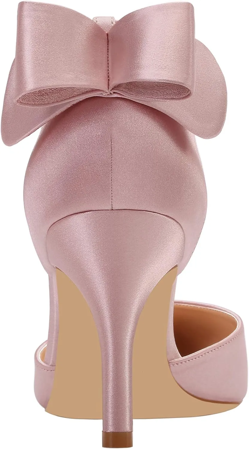 ERIJUNOR Wedding Evening Party Shoes Comfortable Mid Heels Pumps with Bow Knot Ankle Strap Wide Width Satin Shoes