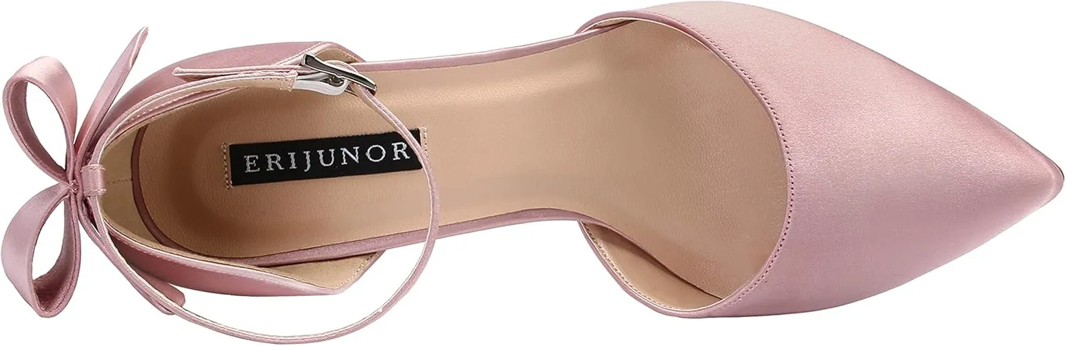 ERIJUNOR Wedding Evening Party Shoes Comfortable Mid Heels Pumps with Bow Knot Ankle Strap Wide Width Satin Shoes