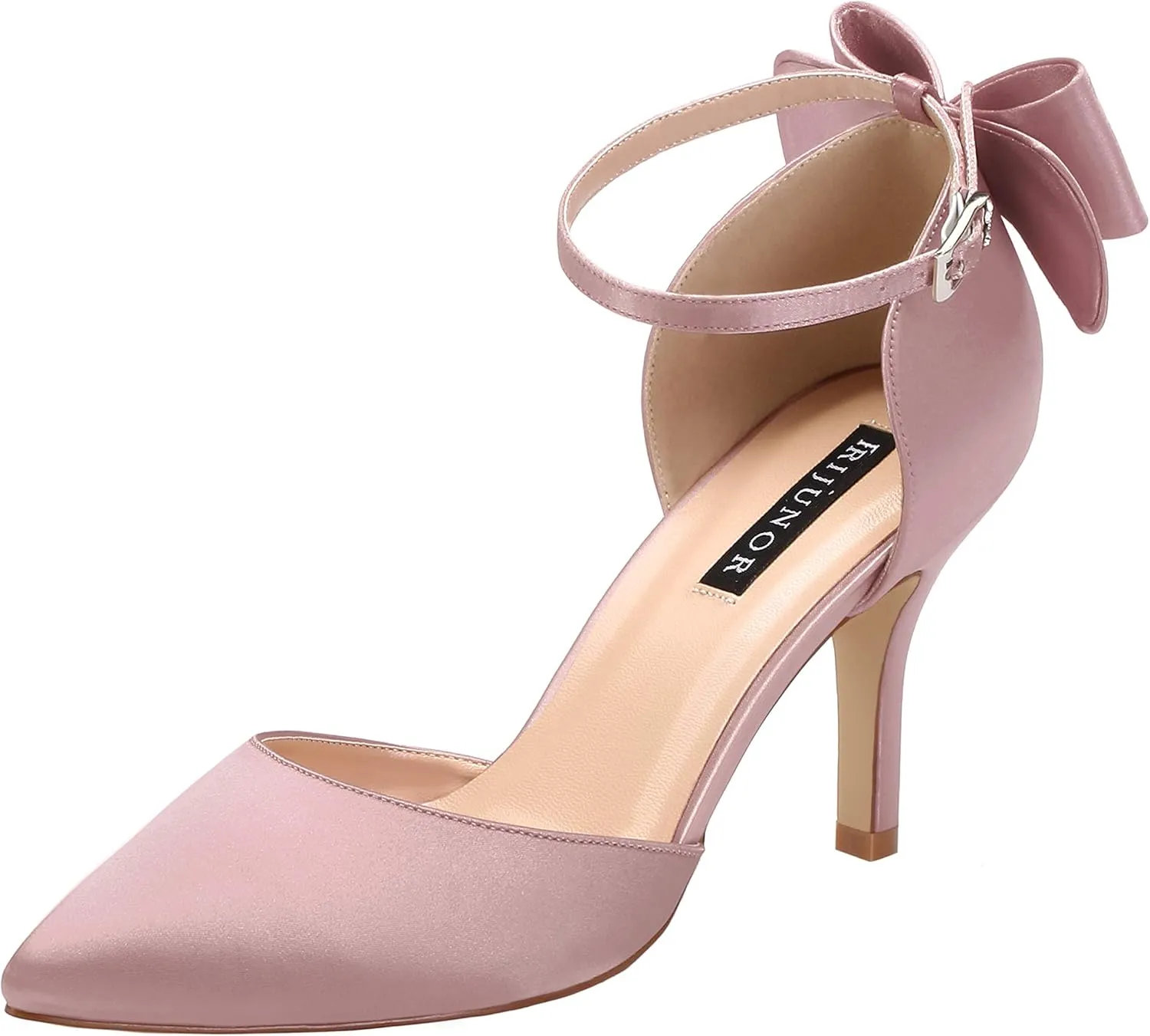 ERIJUNOR Wedding Evening Party Shoes Comfortable Mid Heels Pumps with Bow Knot Ankle Strap Wide Width Satin Shoes